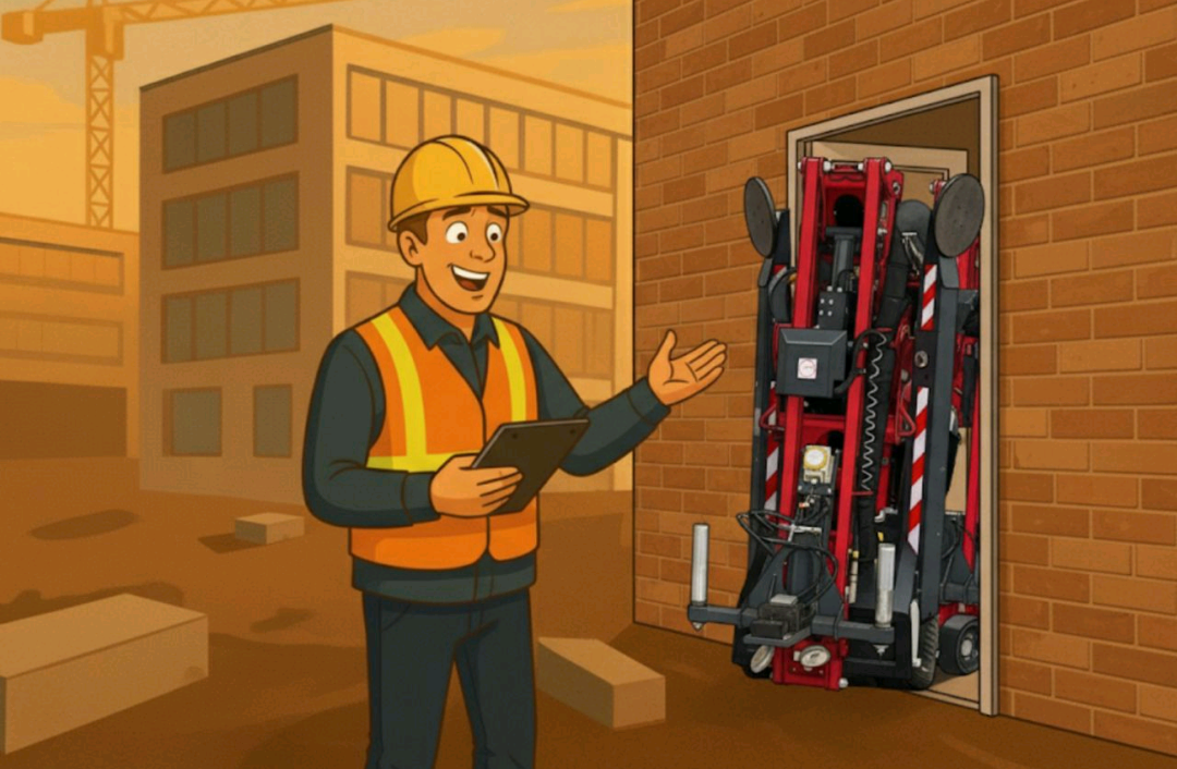 Illustration of a compact red spider lift travelling through a single doorway beside a surveyor
